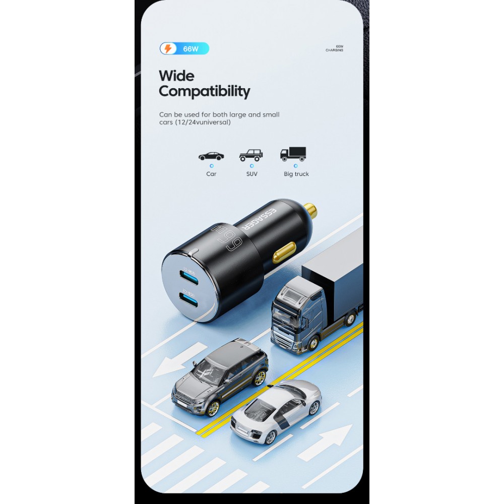 ESSAGER F689 66W зарядно за кола, 2x Type-C, USB-A, алуминий - черен