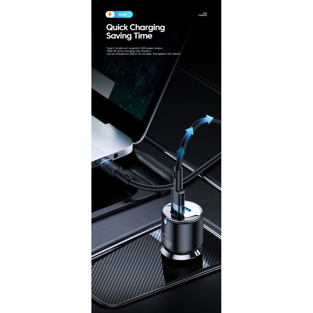 ESSAGER F689 66W зарядно за кола, 2x Type-C, USB-A, алуминий - черен