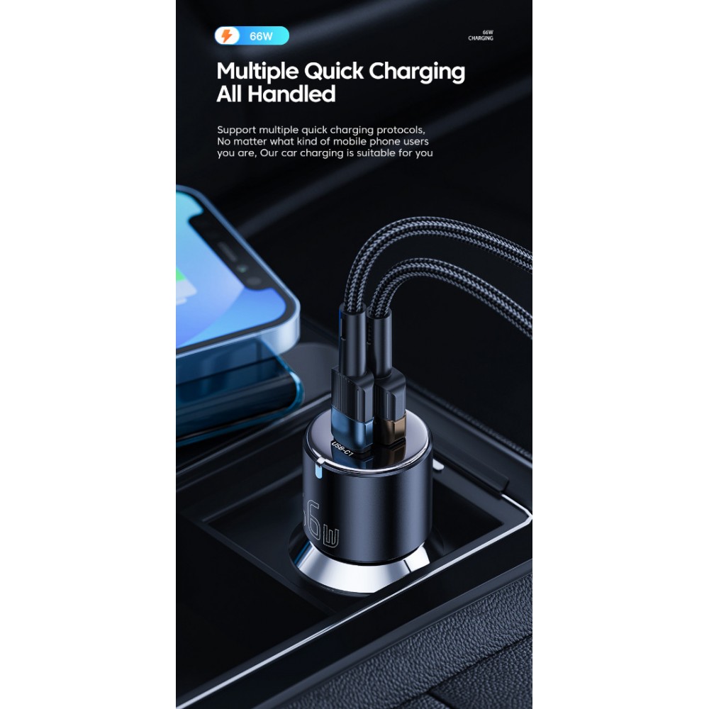 ESSAGER F689 66W зарядно за кола, 2x Type-C, USB-A, алуминий - черен