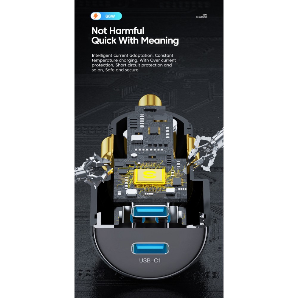 ESSAGER F689 66W зарядно за кола, 2x Type-C, USB-A, алуминий - черен