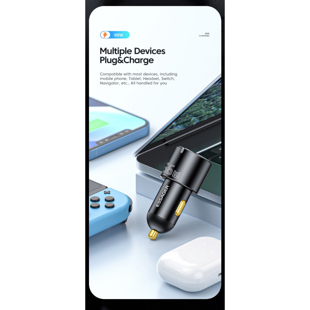 ESSAGER F689 66W зарядно за кола, 2x Type-C, USB-A, алуминий - черен