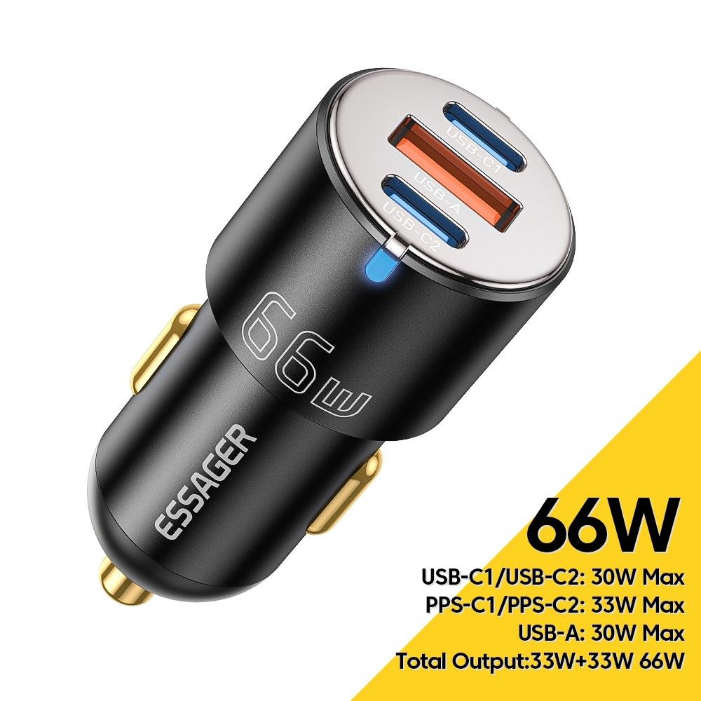 ESSAGER F689 66W зарядно за кола, 2x Type-C, USB-A, алуминий - черен