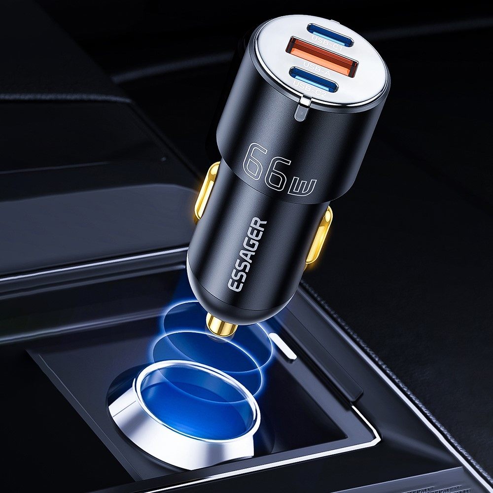ESSAGER F689 66W зарядно за кола, 2x Type-C, USB-A, алуминий - черен