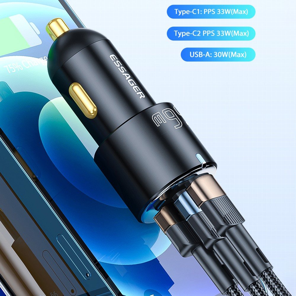 ESSAGER F689 66W зарядно за кола, 2x Type-C, USB-A, алуминий - черен