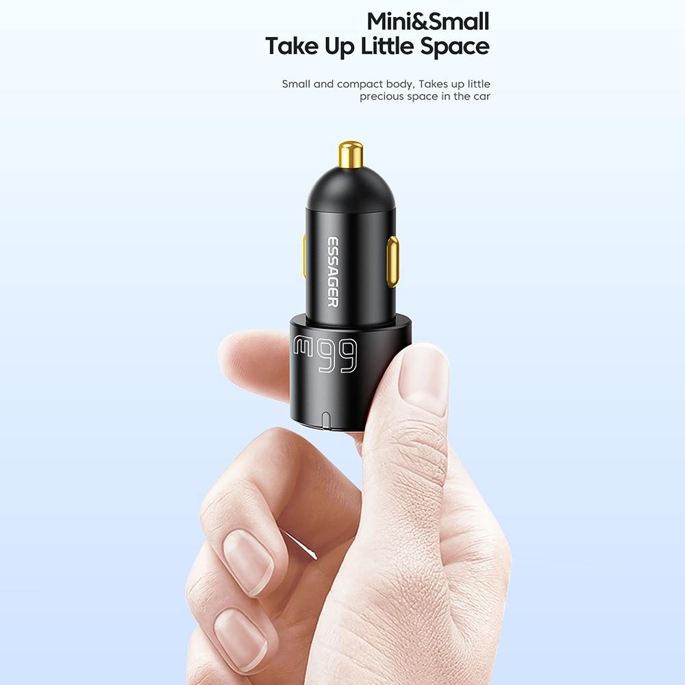 ESSAGER F689 66W зарядно за кола, 2x Type-C, USB-A, алуминий - черен