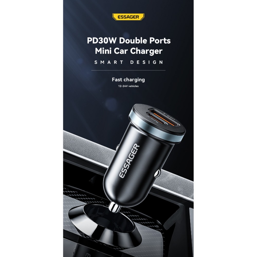 ESSAGER ES-CC12 30W зарядно за кола, USB-A, Type-C, ултралек - черен