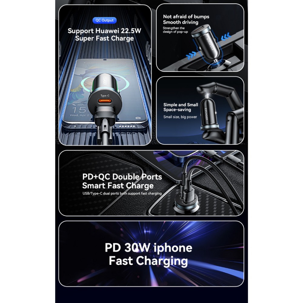 ESSAGER ES-CC12 30W зарядно за кола, USB-A, Type-C, ултралек - черен