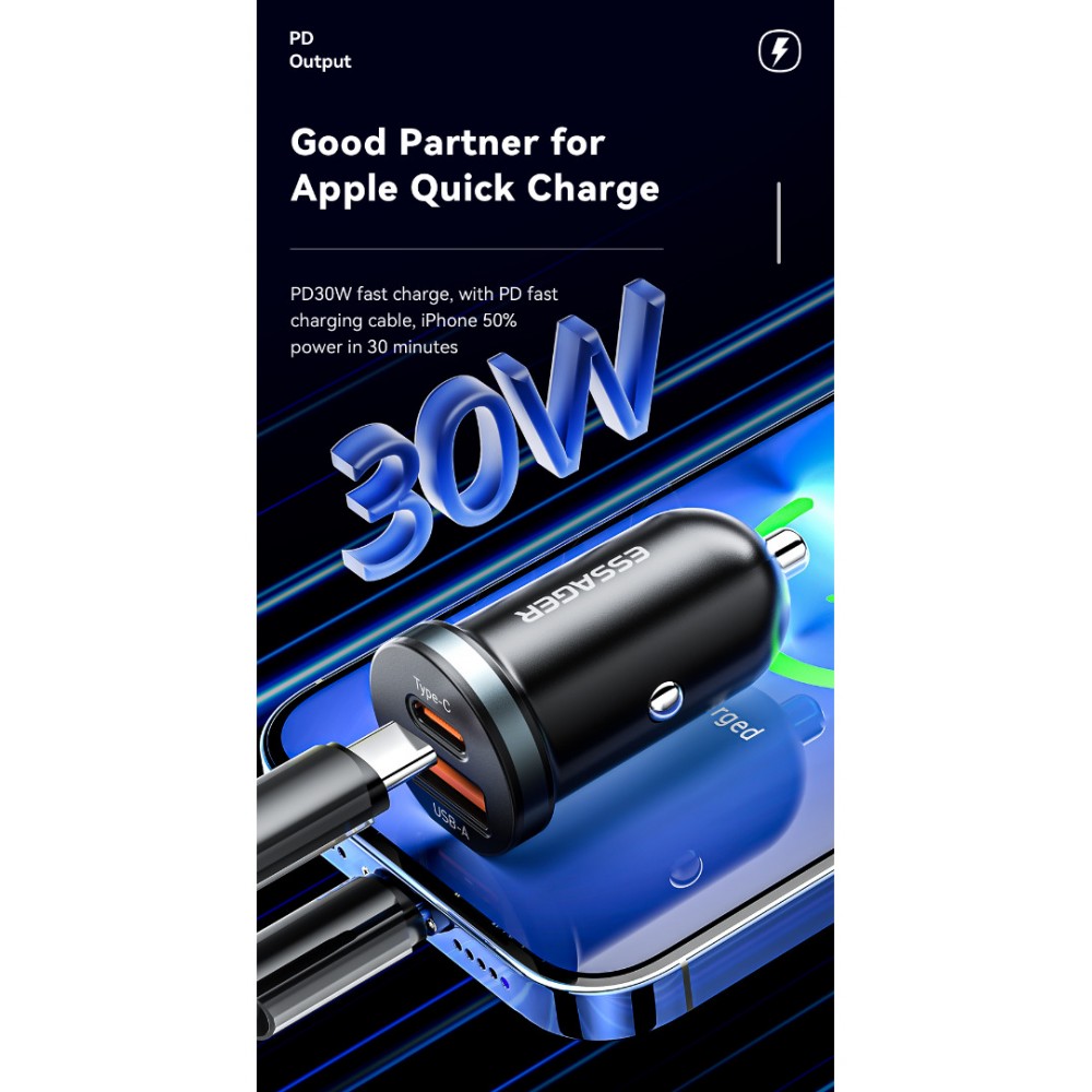 ESSAGER ES-CC12 30W зарядно за кола, USB-A, Type-C, ултралек - черен