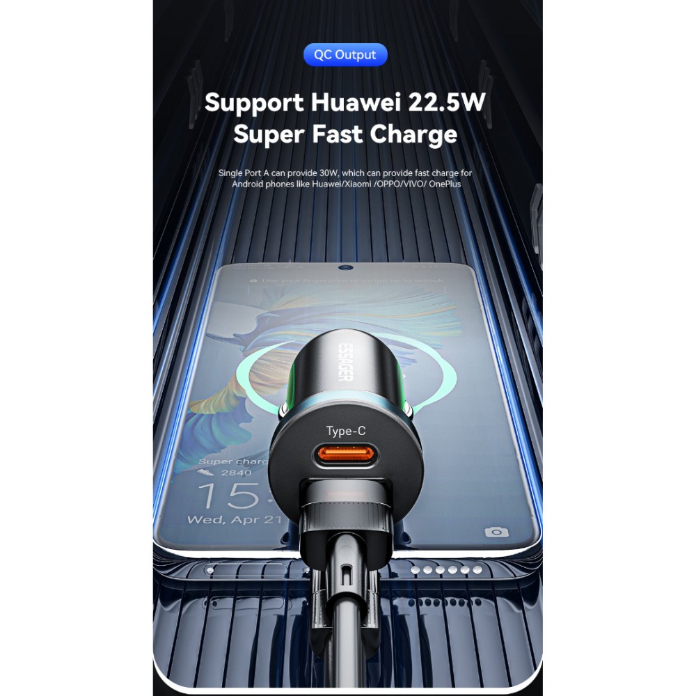 ESSAGER ES-CC12 30W зарядно за кола, USB-A, Type-C, ултралек - черен