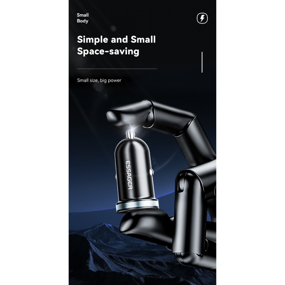 ESSAGER ES-CC12 30W зарядно за кола, USB-A, Type-C, ултралек - черен