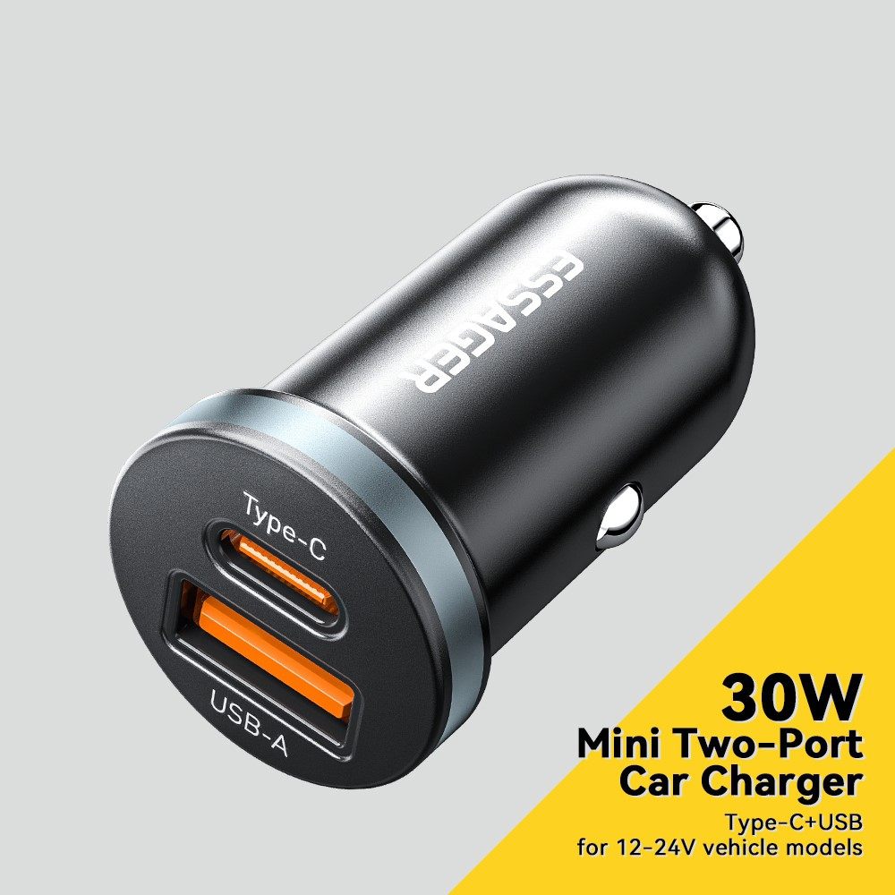 ESSAGER ES-CC12 30W зарядно за кола, USB-A, Type-C, ултралек - черен