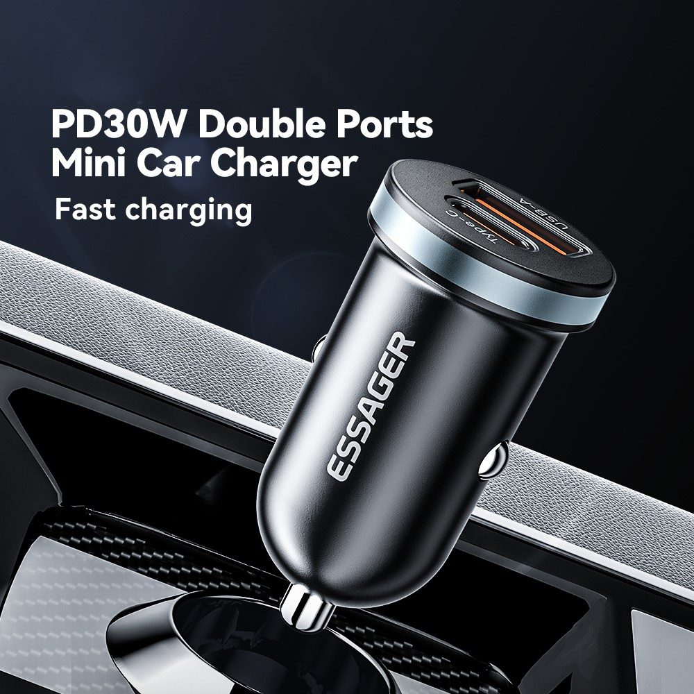 ESSAGER ES-CC12 30W зарядно за кола, USB-A, Type-C, ултралек - черен