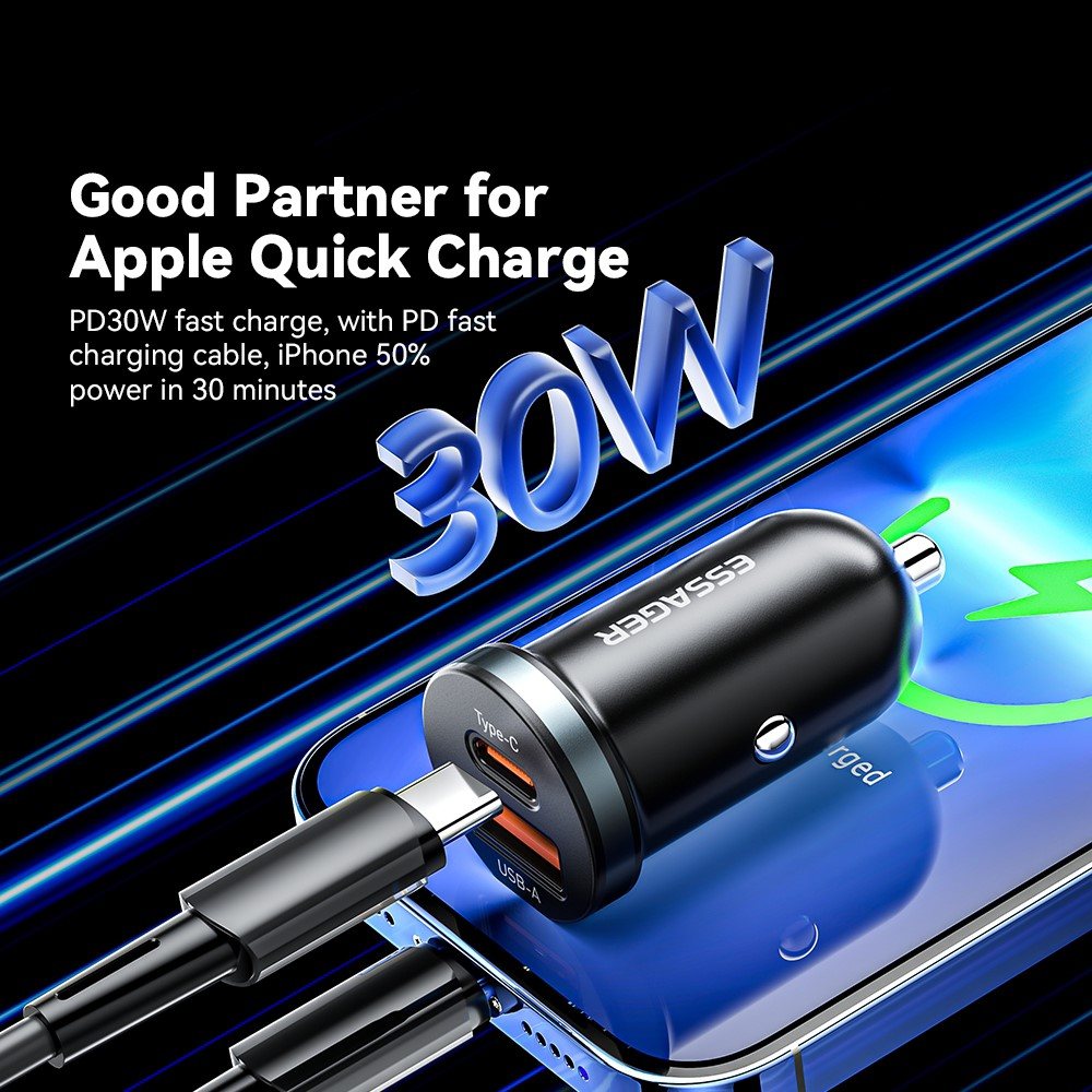 ESSAGER ES-CC12 30W зарядно за кола, USB-A, Type-C, ултралек - черен