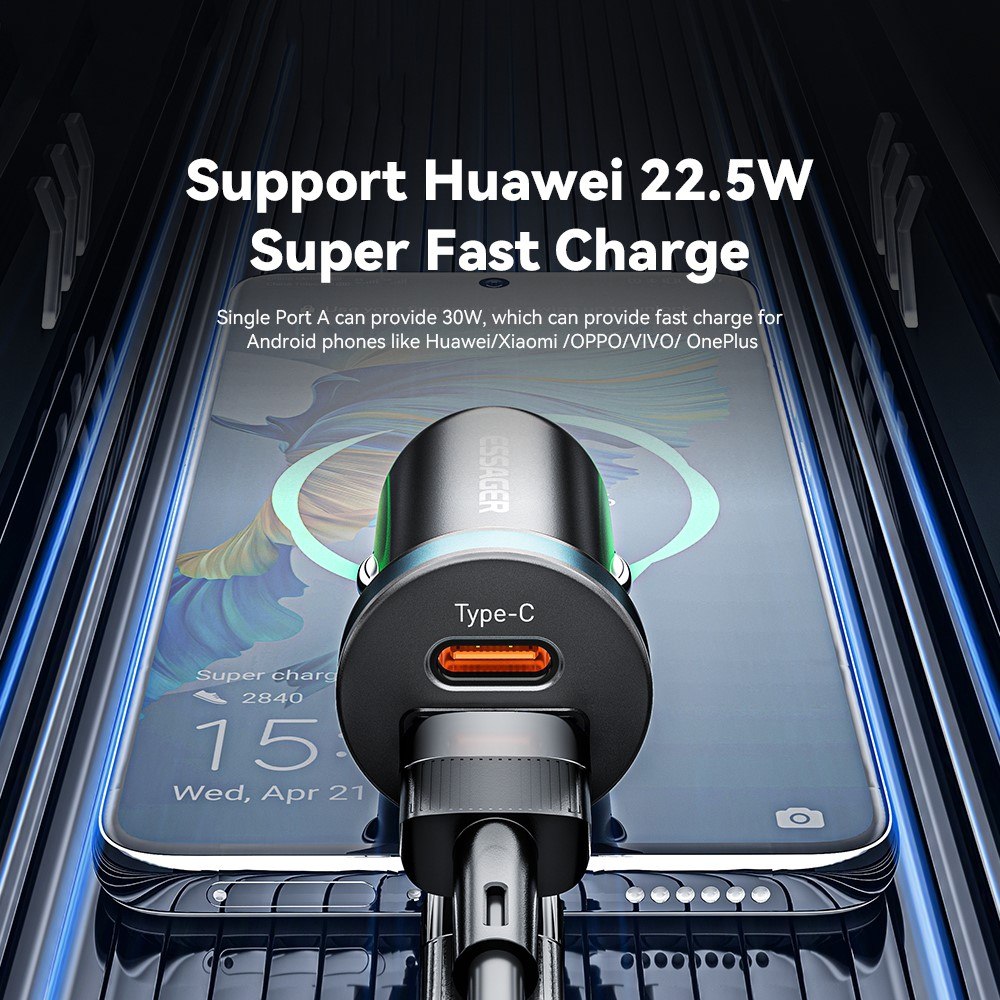 ESSAGER ES-CC12 30W зарядно за кола, USB-A, Type-C, ултралек - черен