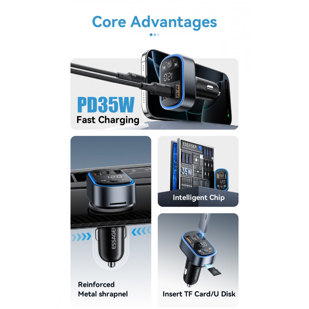 ESSAGER ECCFM-CT0G-P 35W PD Автомобилно Зарядно с FM Трансмитер, Bluetooth 5.3 и USB-A + Type-C