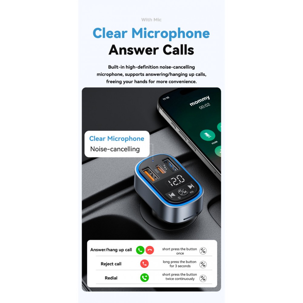 ESSAGER ECCFM-CT0G-P 35W PD Автомобилно Зарядно с FM Трансмитер, Bluetooth 5.3 и USB-A + Type-C