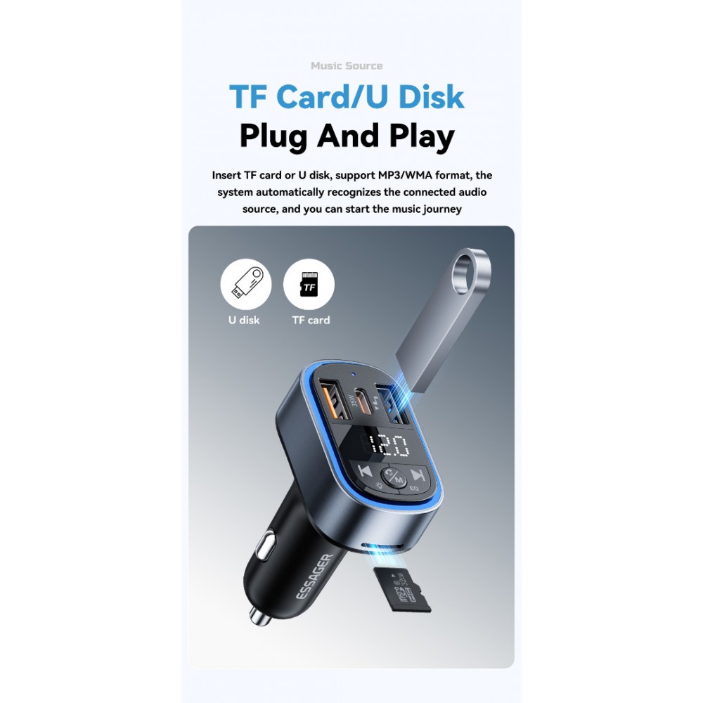 ESSAGER ECCFM-CT0G-P 35W PD Автомобилно Зарядно с FM Трансмитер, Bluetooth 5.3 и USB-A + Type-C