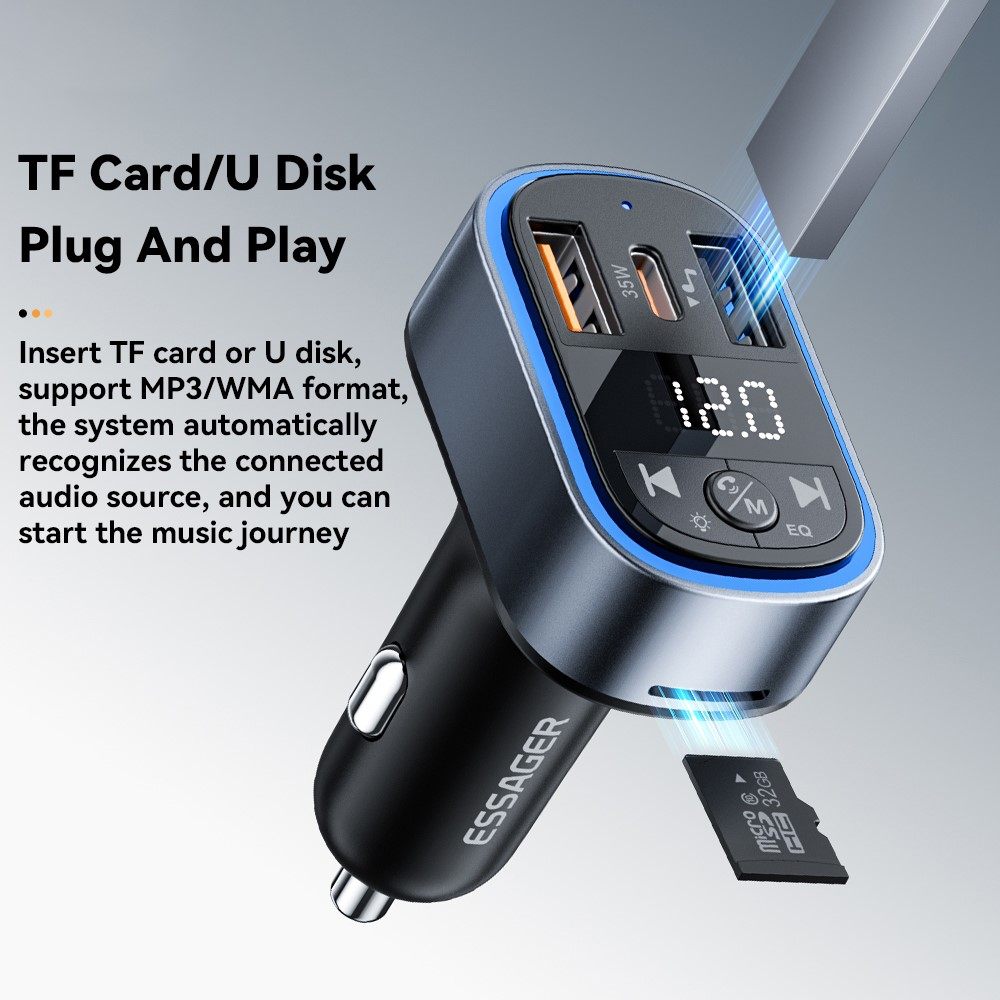 ESSAGER ECCFM-CT0G-P 35W PD Автомобилно Зарядно с FM Трансмитер, Bluetooth 5.3 и USB-A + Type-C