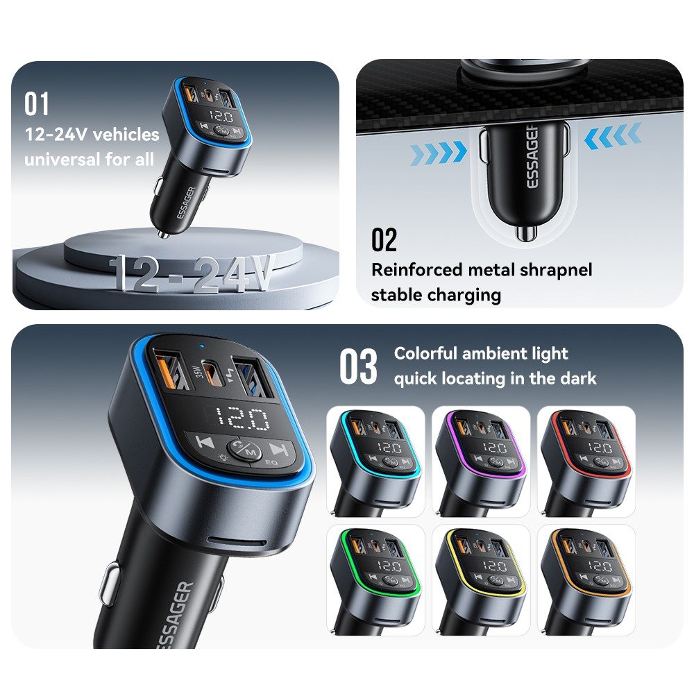 ESSAGER ECCFM-CT0G-P 35W PD Автомобилно Зарядно с FM Трансмитер, Bluetooth 5.3 и USB-A + Type-C