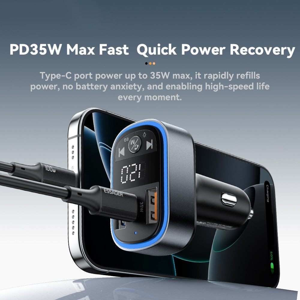 ESSAGER ECCFM-CT0G-P 35W PD Автомобилно Зарядно с FM Трансмитер, Bluetooth 5.3 и USB-A + Type-C