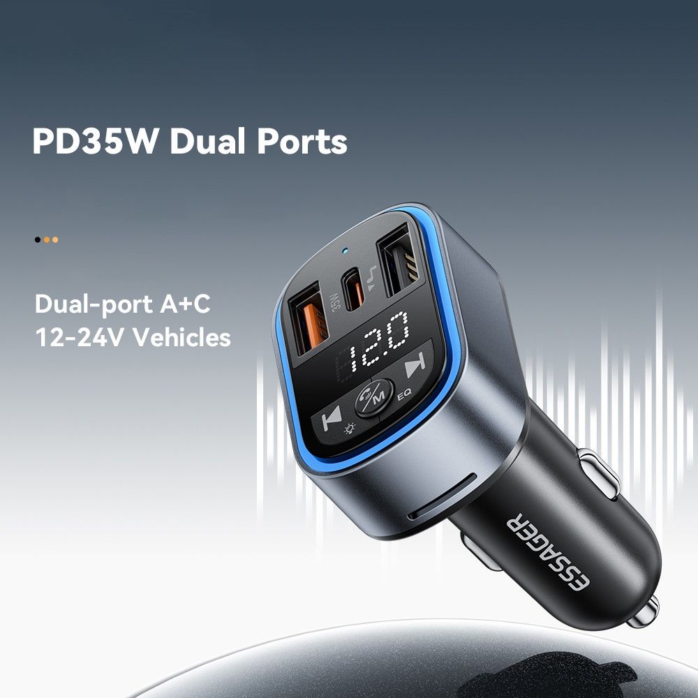 ESSAGER ECCFM-CT0G-P 35W PD Автомобилно Зарядно с FM Трансмитер, Bluetooth 5.3 и USB-A + Type-C