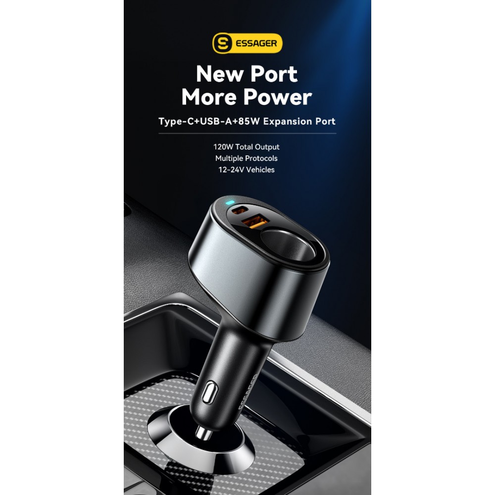 ESSAGER 120W зарядно за кола с разклонител, USB-A, Type-C, 85W запалка - черен