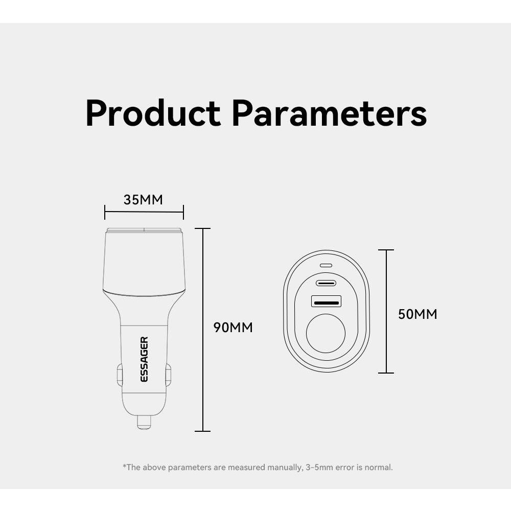 ESSAGER 120W зарядно за кола с разклонител, USB-A, Type-C, 85W запалка - черен