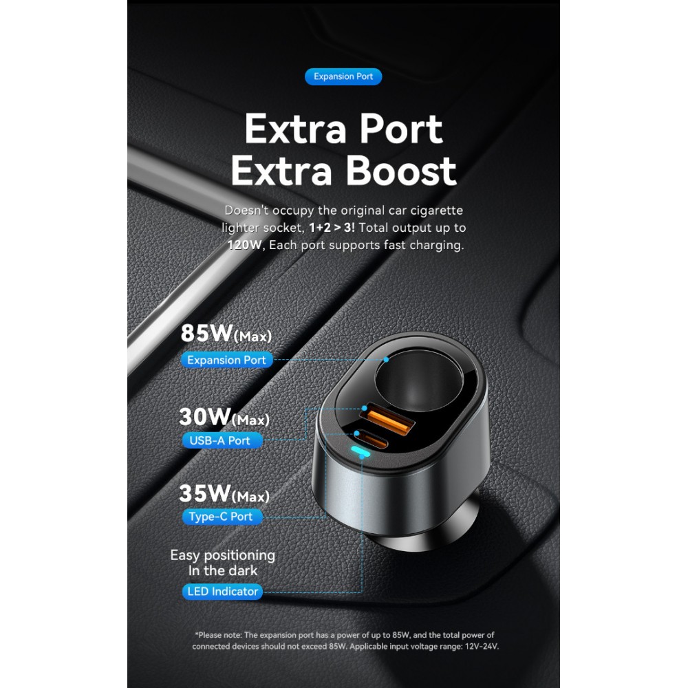 ESSAGER 120W зарядно за кола с разклонител, USB-A, Type-C, 85W запалка - черен