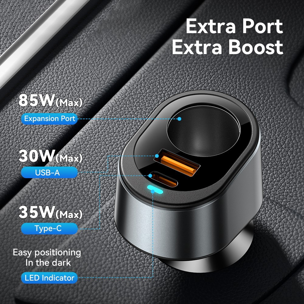 ESSAGER 120W зарядно за кола с разклонител, USB-A, Type-C, 85W запалка - черен