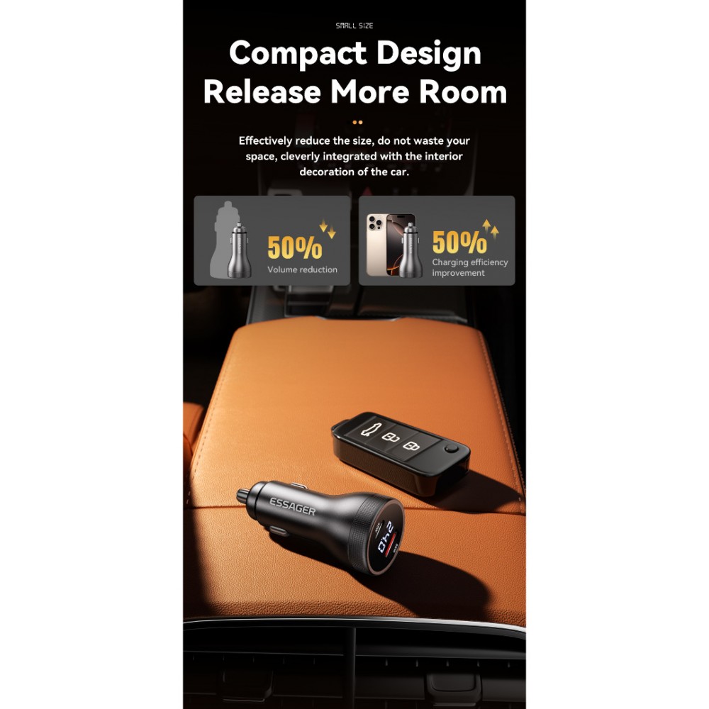 ESSAGER 100W азарядно за кола с дисплей, USB-A, Type-C - черен/сив