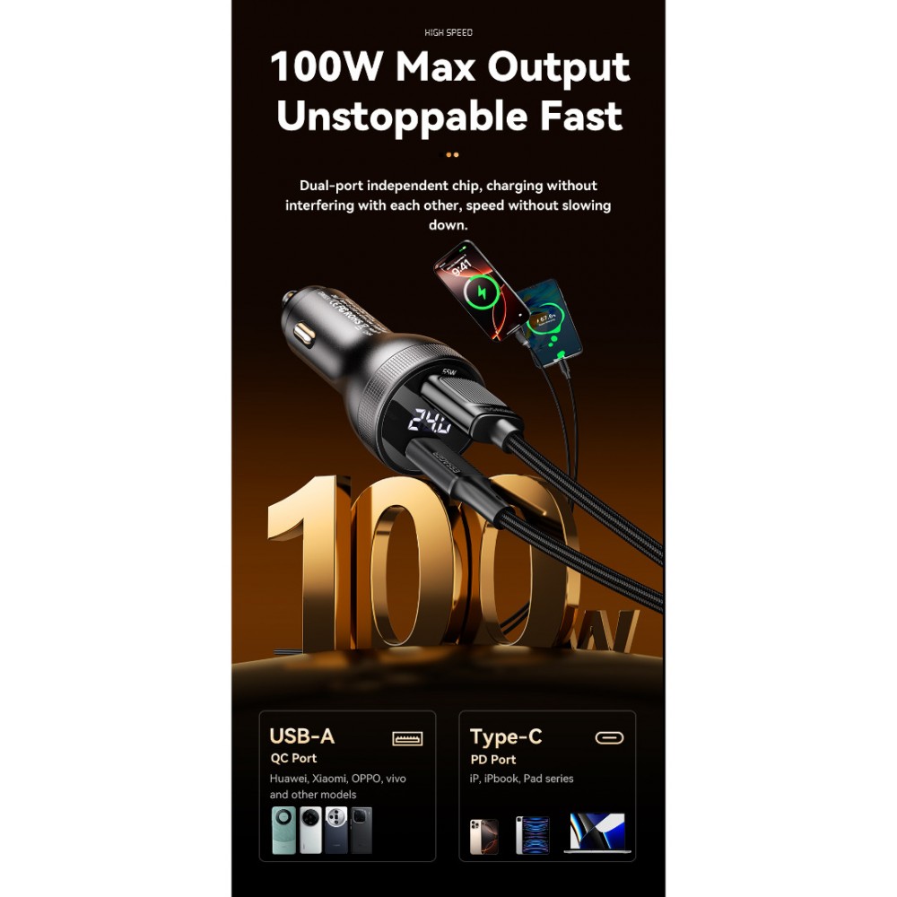 ESSAGER 100W азарядно за кола с дисплей, USB-A, Type-C - черен/сив