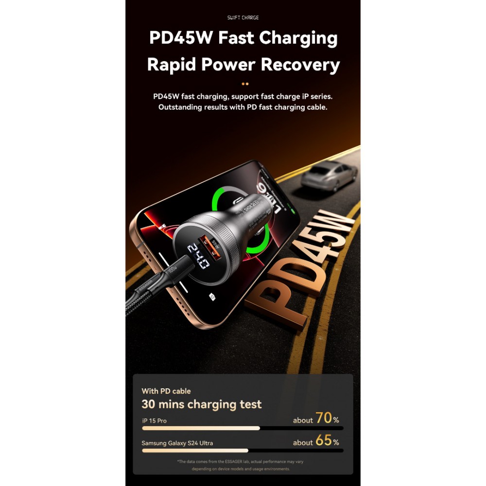 ESSAGER 100W азарядно за кола с дисплей, USB-A, Type-C - черен/сив