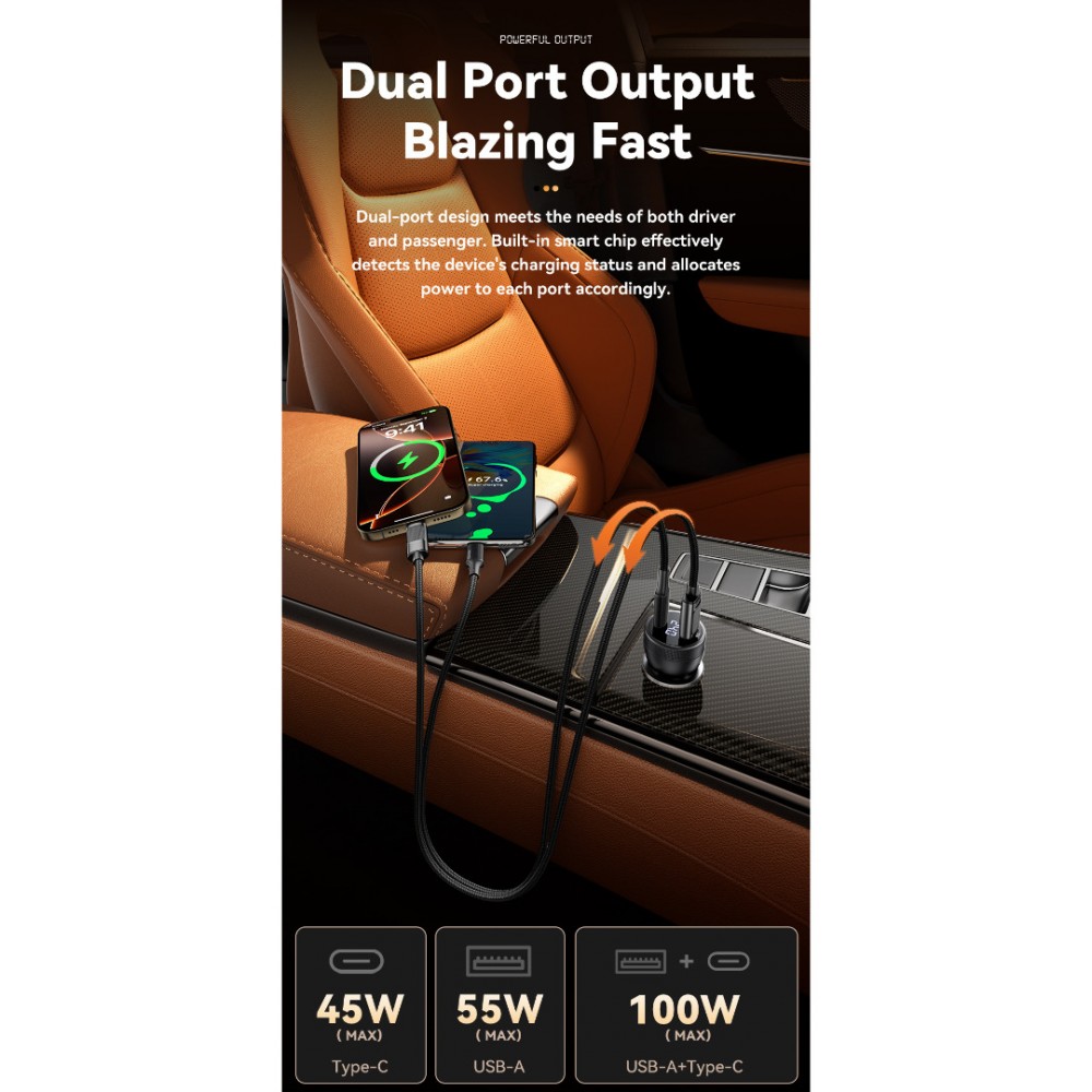 ESSAGER 100W азарядно за кола с дисплей, USB-A, Type-C - черен/сив