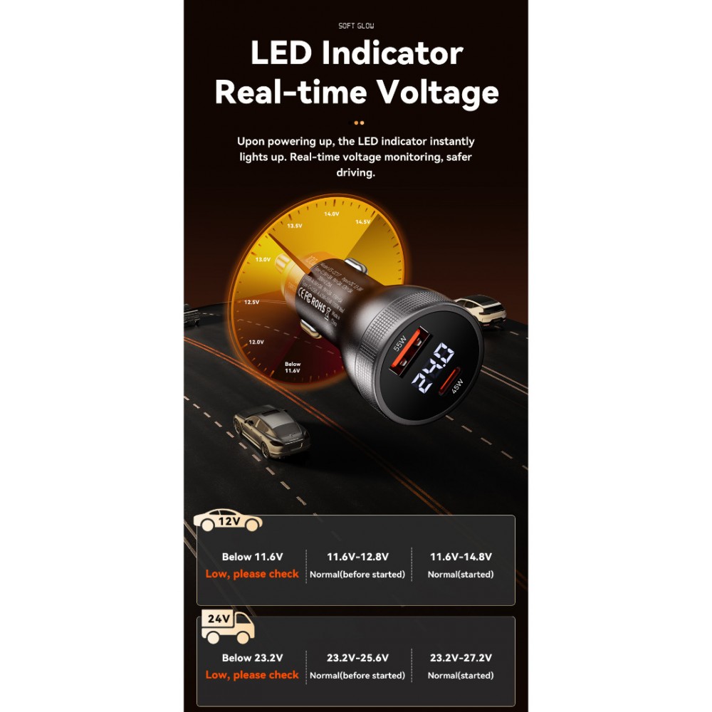 ESSAGER 100W азарядно за кола с дисплей, USB-A, Type-C - черен/сив