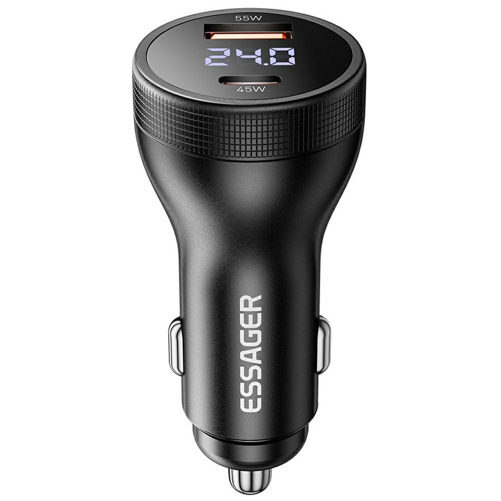 ESSAGER 100W азарядно за кола с дисплей, USB-A, Type-C - черен/сив