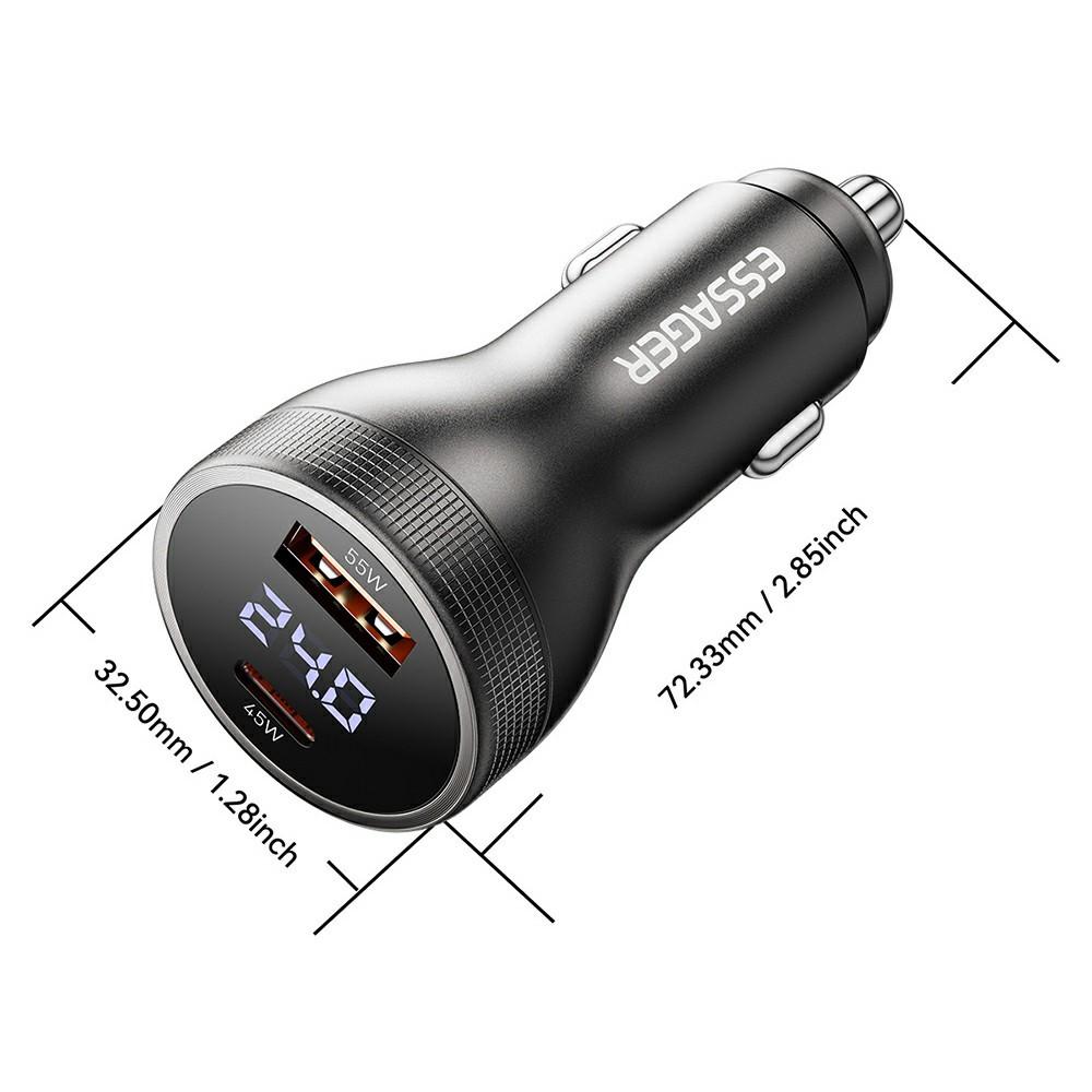 ESSAGER 100W азарядно за кола с дисплей, USB-A, Type-C - черен/сив
