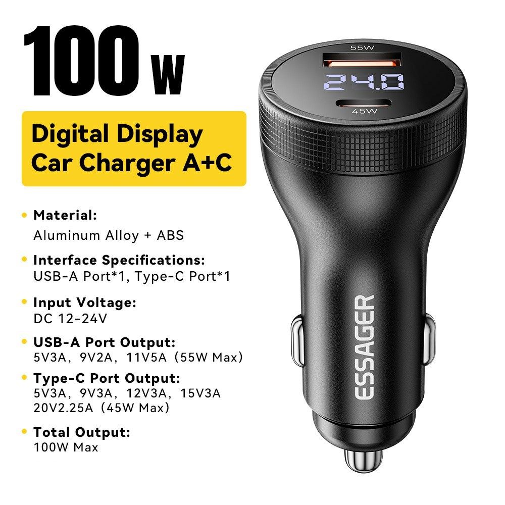ESSAGER 100W азарядно за кола с дисплей, USB-A, Type-C - черен/сив