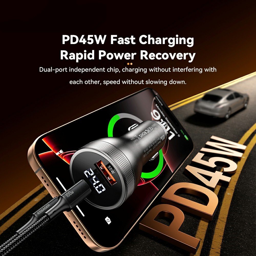 ESSAGER 100W азарядно за кола с дисплей, USB-A, Type-C - черен/сив