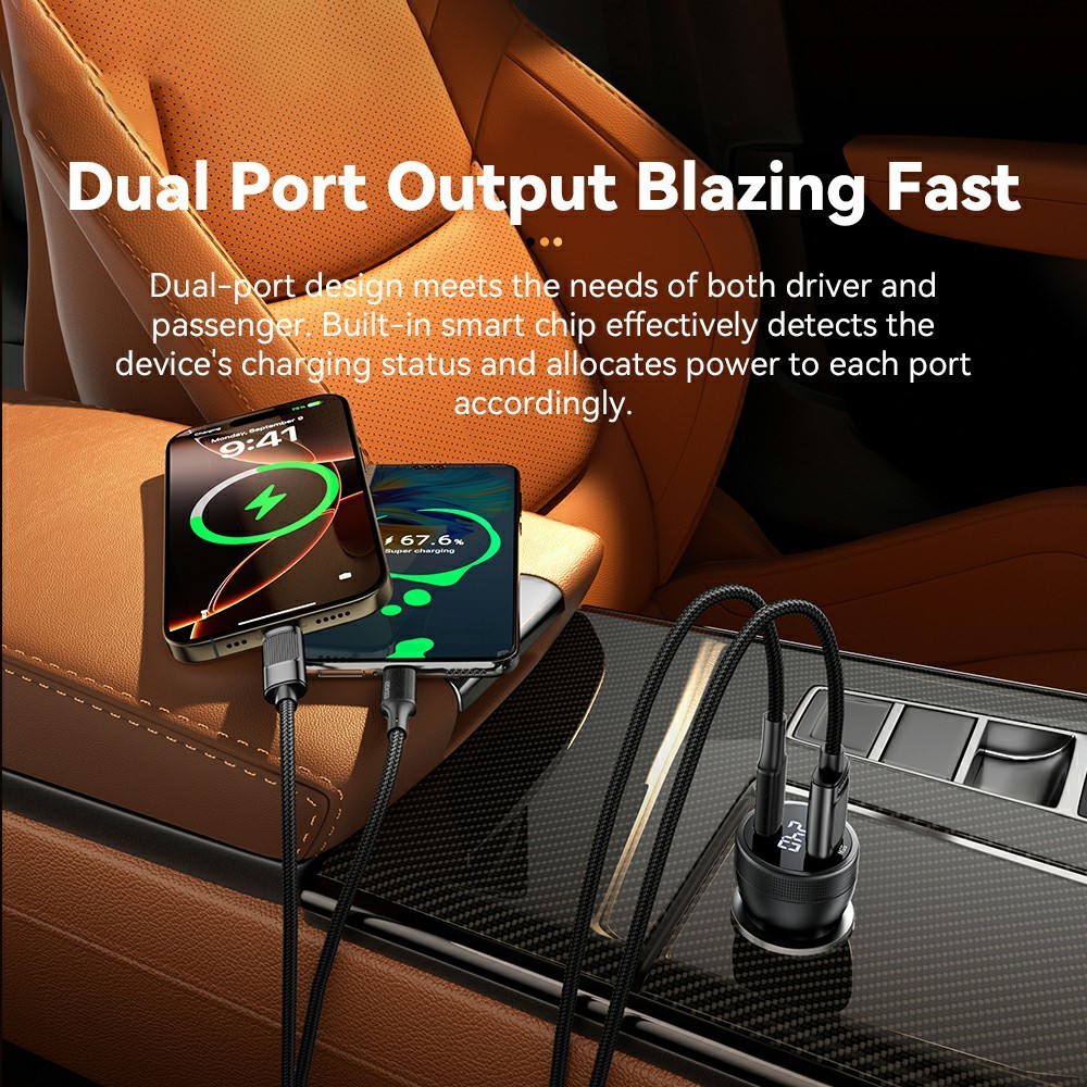 ESSAGER 100W азарядно за кола с дисплей, USB-A, Type-C - черен/сив