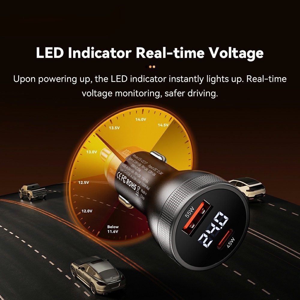 ESSAGER 100W азарядно за кола с дисплей, USB-A, Type-C - черен/сив