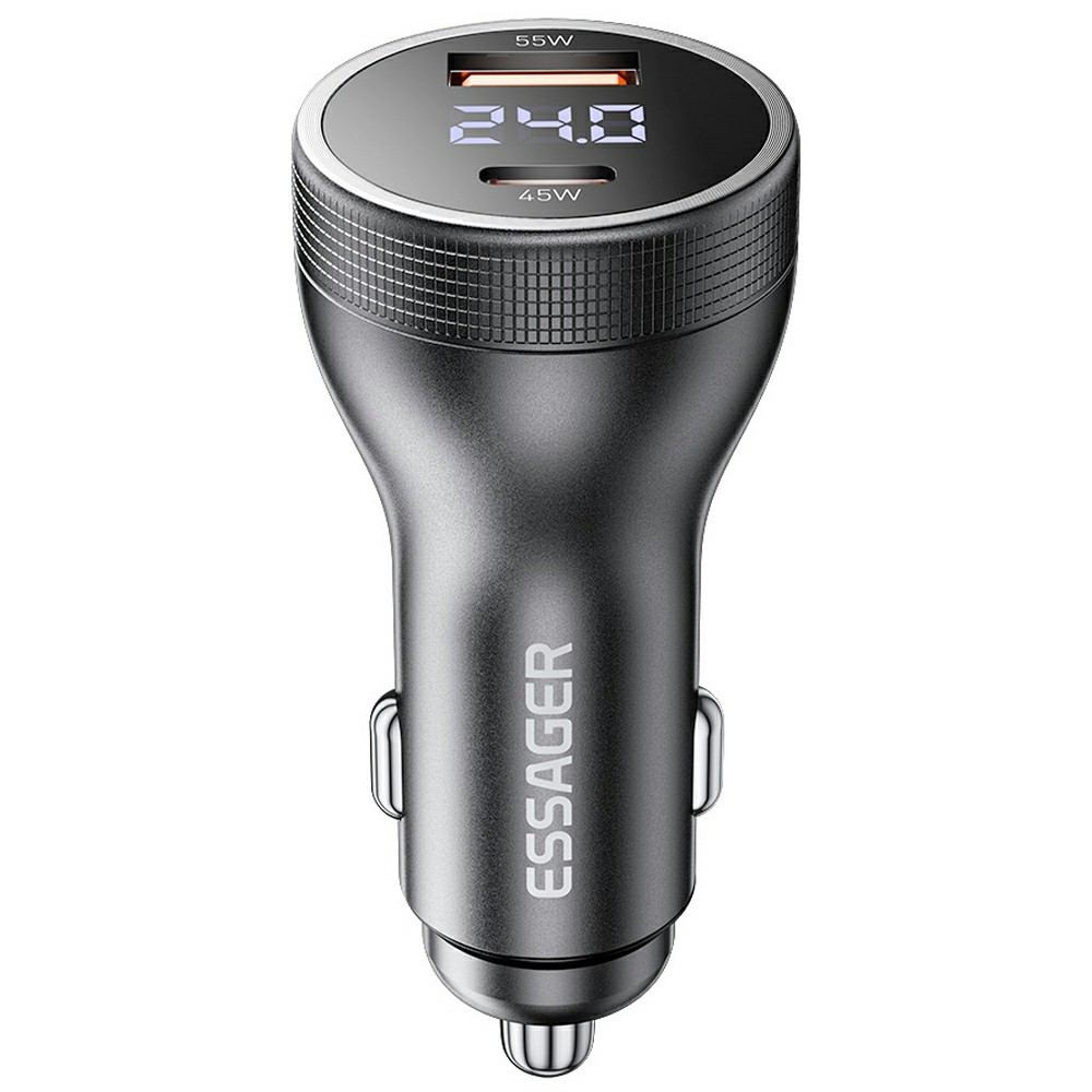 ESSAGER 100W азарядно за кола с дисплей, USB-A, Type-C - черен/сив