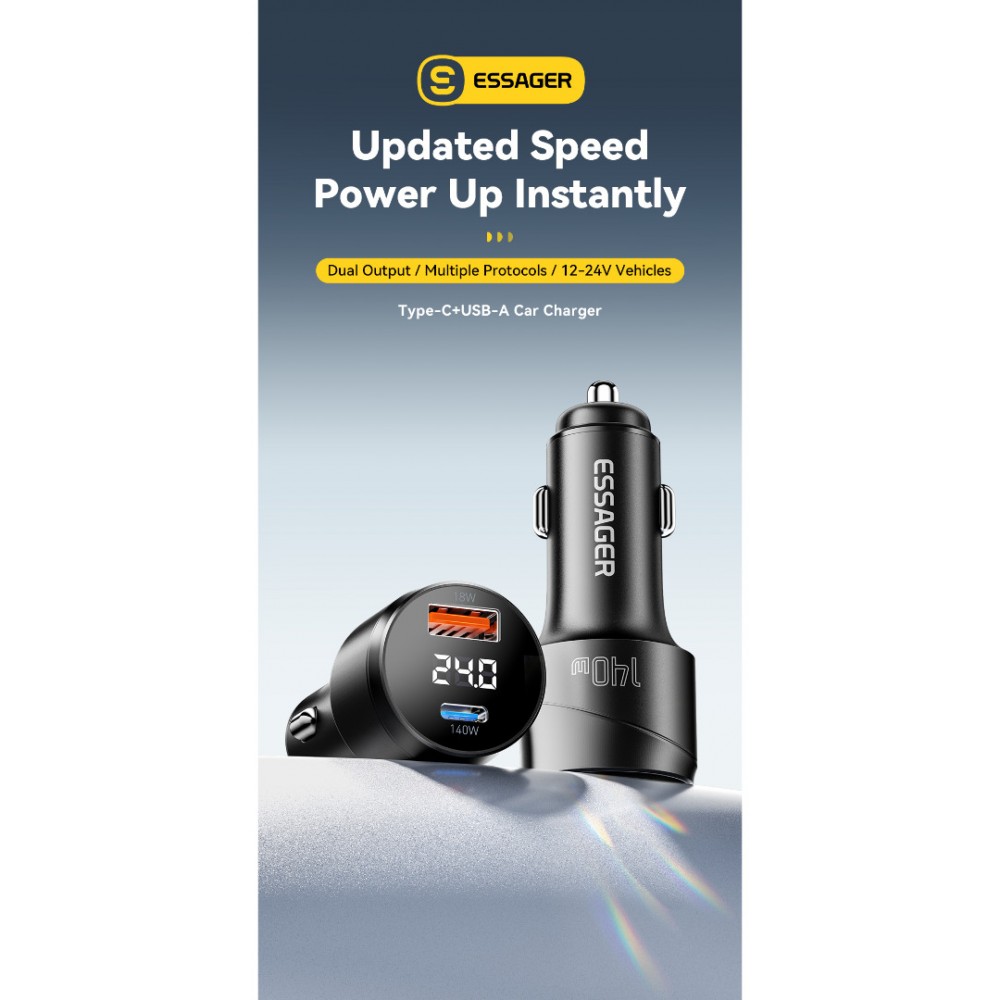 ESSAGER 140W зарядно за кола с дисплей, USB-A, Type-C, 140W - черен