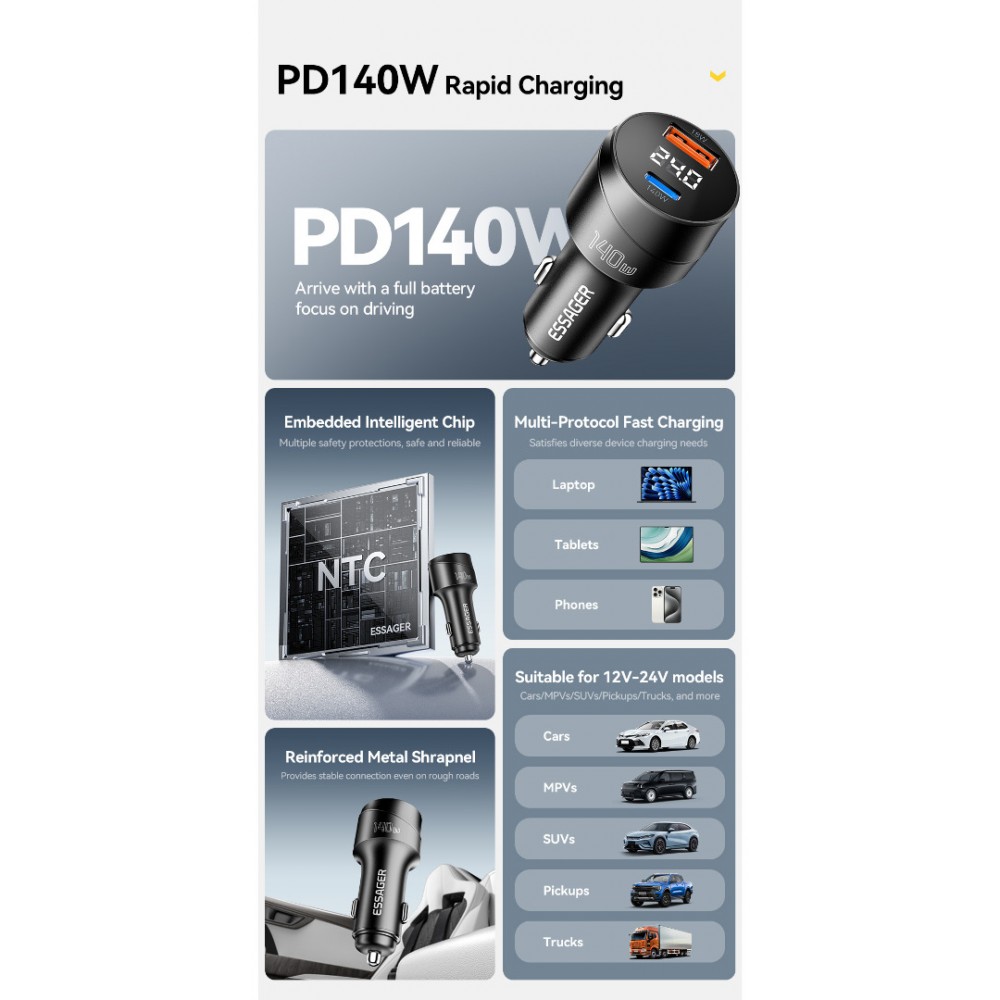 ESSAGER 140W зарядно за кола с дисплей, USB-A, Type-C, 140W - черен