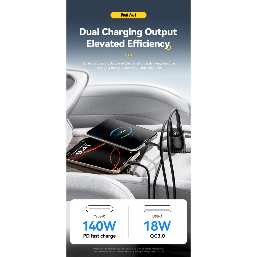 ESSAGER 140W зарядно за кола с дисплей, USB-A, Type-C, 140W - черен