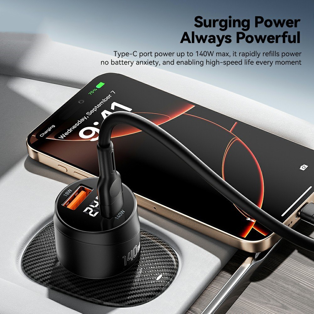 ESSAGER 140W зарядно за кола с дисплей, USB-A, Type-C, 140W - черен