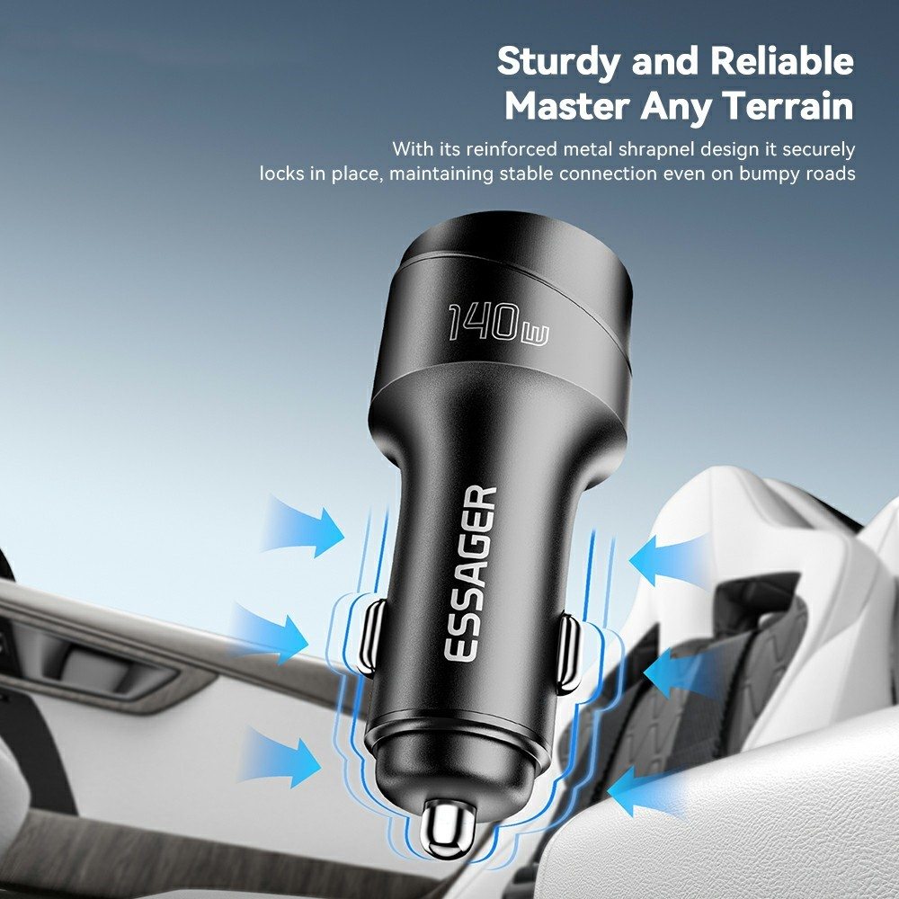 ESSAGER 140W зарядно за кола с дисплей, USB-A, Type-C, 140W - черен