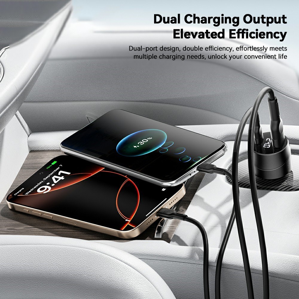 ESSAGER 140W зарядно за кола с дисплей, USB-A, Type-C, 140W - черен