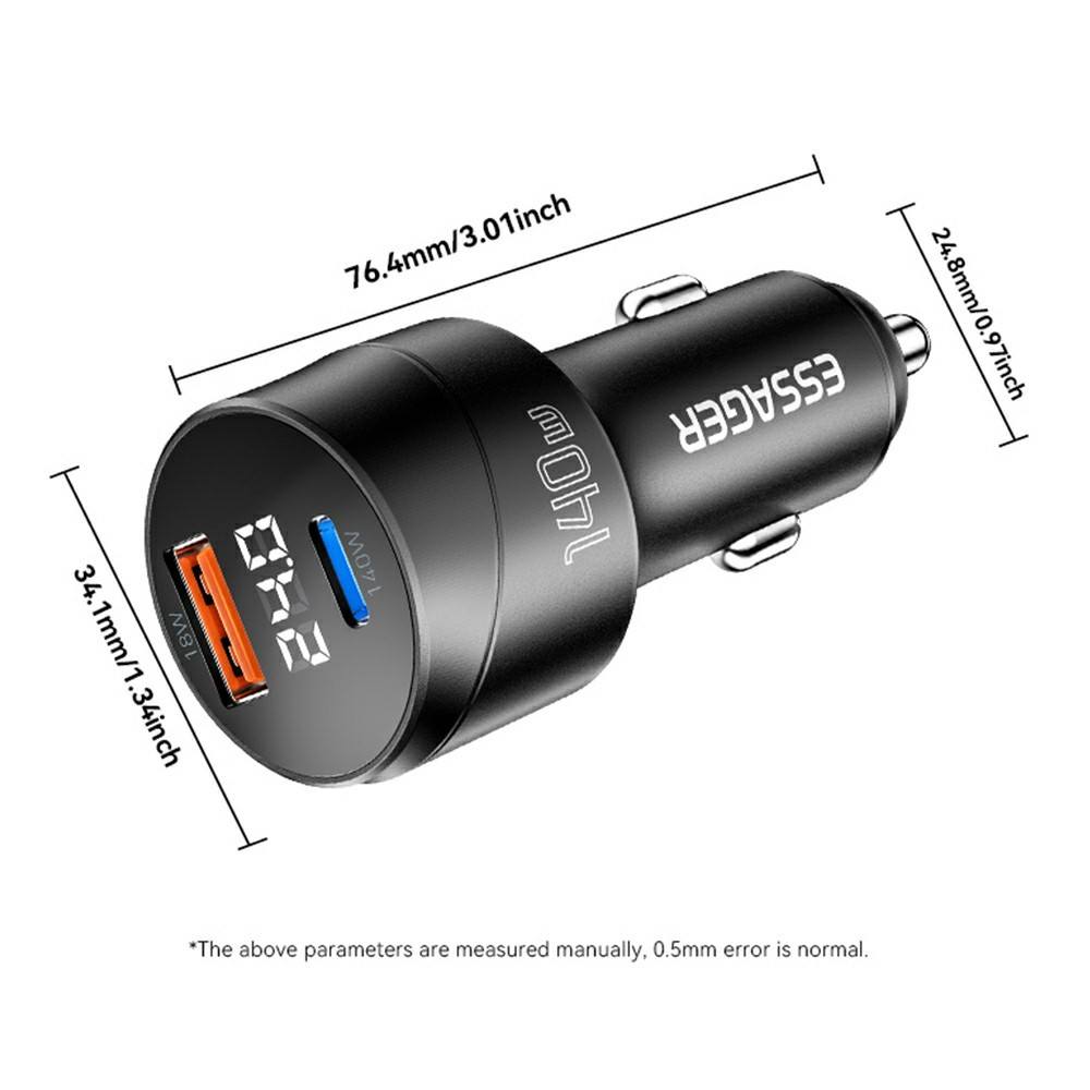 ESSAGER 140W зарядно за кола с дисплей, USB-A, Type-C, 140W - черен
