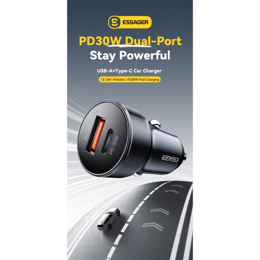 ESSAGER PD 30W зарядно за кола, USB-A, Type-C, алуминий - черен/сив