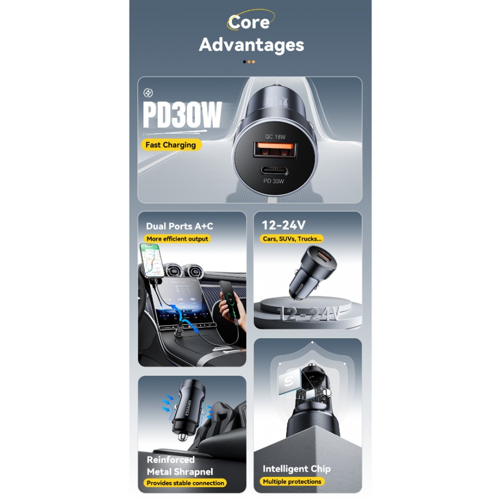 ESSAGER PD 30W зарядно за кола, USB-A, Type-C, алуминий - черен/сив